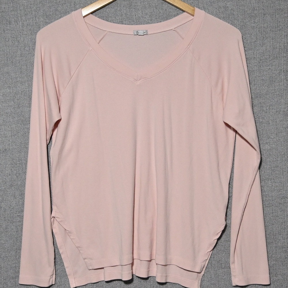 PJ Harlow Frankie Top Womens Ribbed V-Neck Long Sleeve M Pink USA Made